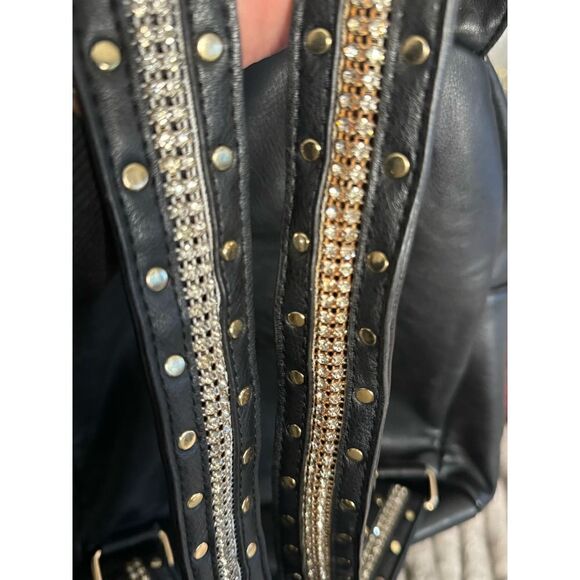 Rhinestone strap rivet studded black vegan leather backpack - Picture 4 of 11